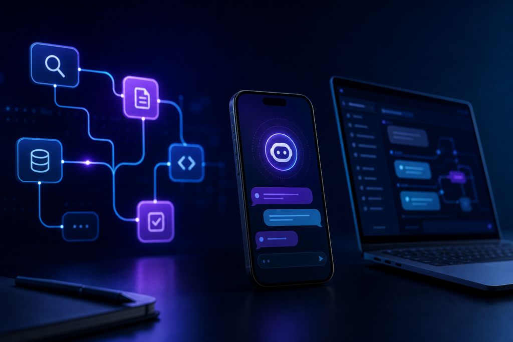 Profissional acompanhando chatbot com inteligência artificial no WhatsApp em tela de atendimento empresarial