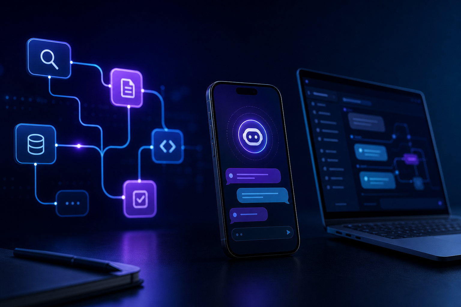Profissional acompanhando chatbot com inteligência artificial no WhatsApp em tela de atendimento empresarial