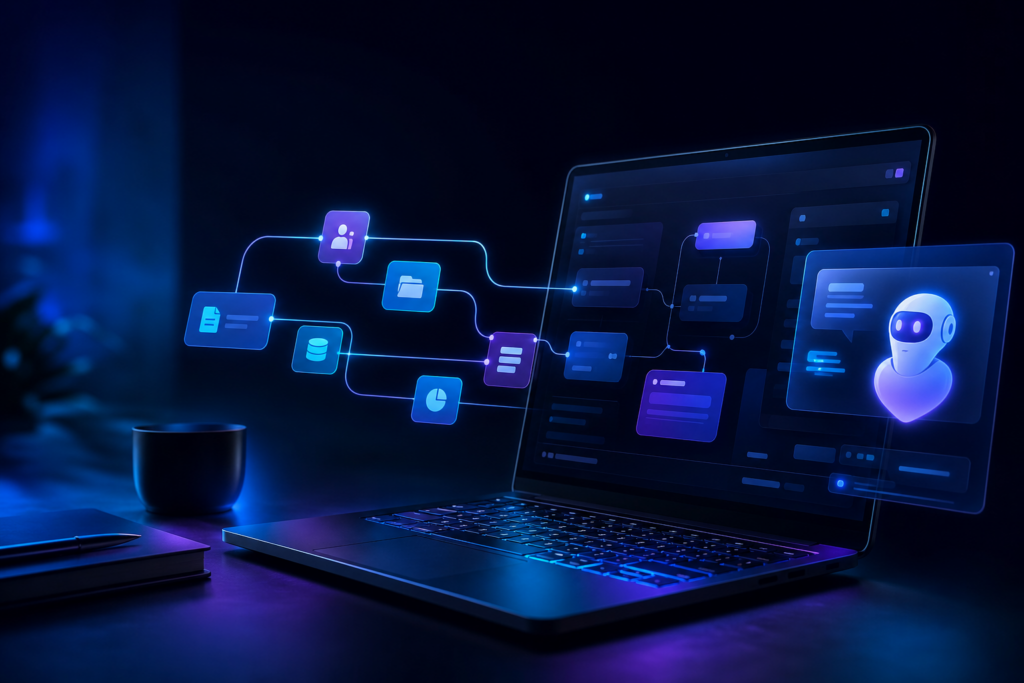 Equipe analisando um fluxo de automação de processos empresariais em quadro de planejamento.