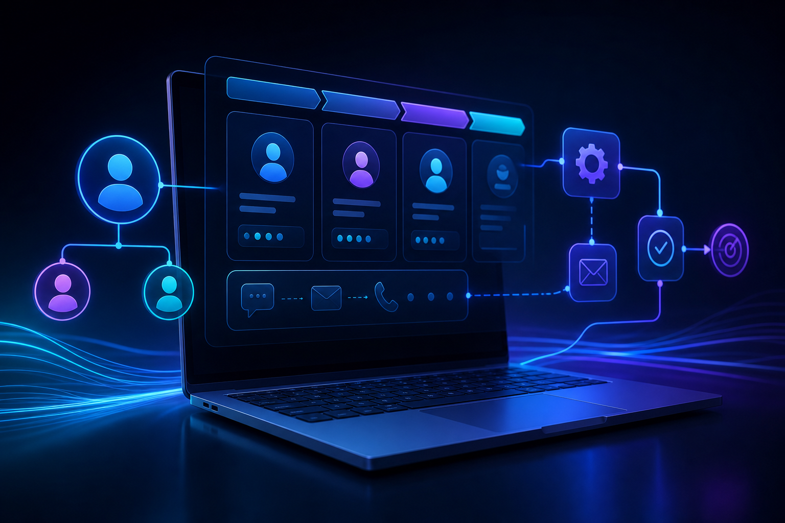 Tela de CRM com leads organizados em etapas de um funil de vendas