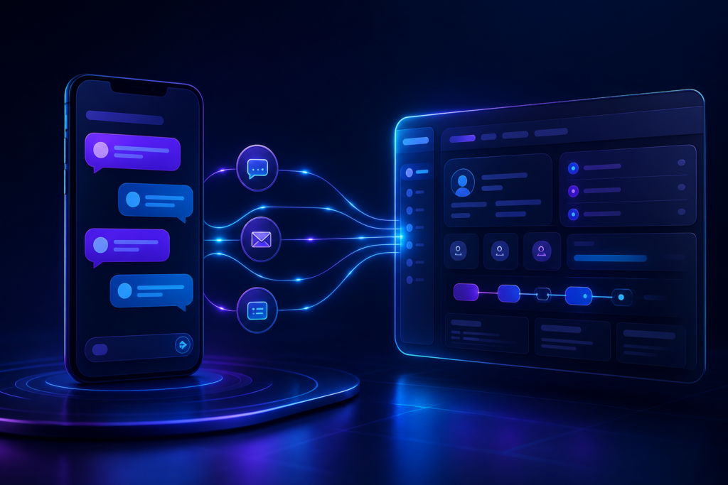 Profissional organizando conversas do WhatsApp e registros de clientes em um sistema CRM