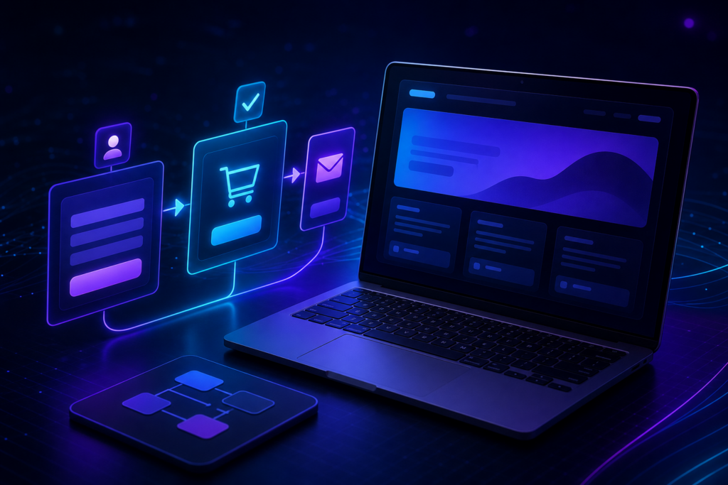 Profissional analisando a estrutura de uma landing page em notebook com seções de CTA e formulário.