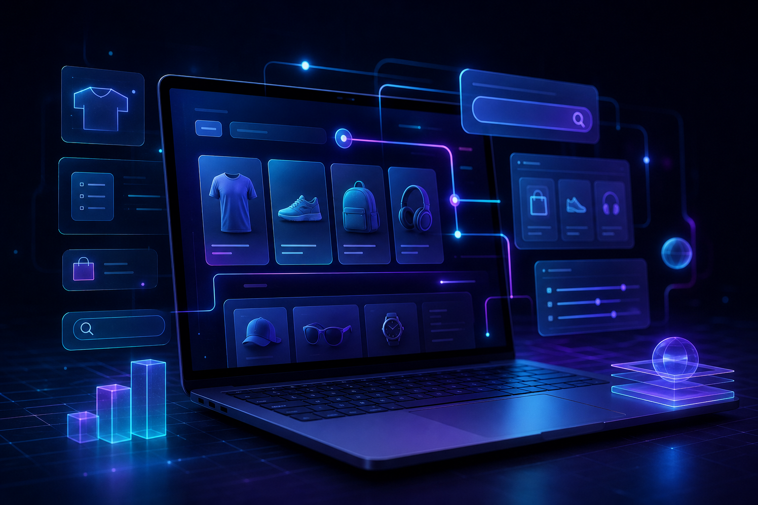 Tela de loja virtual com categorias de produtos, filtros de busca e página de produto otimizada para SEO