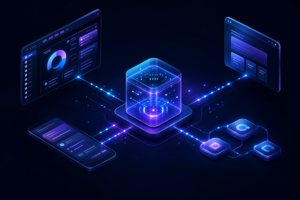 Ilustração de sistemas conectados por API trocando dados entre formulário, CRM, pagamento e automação
