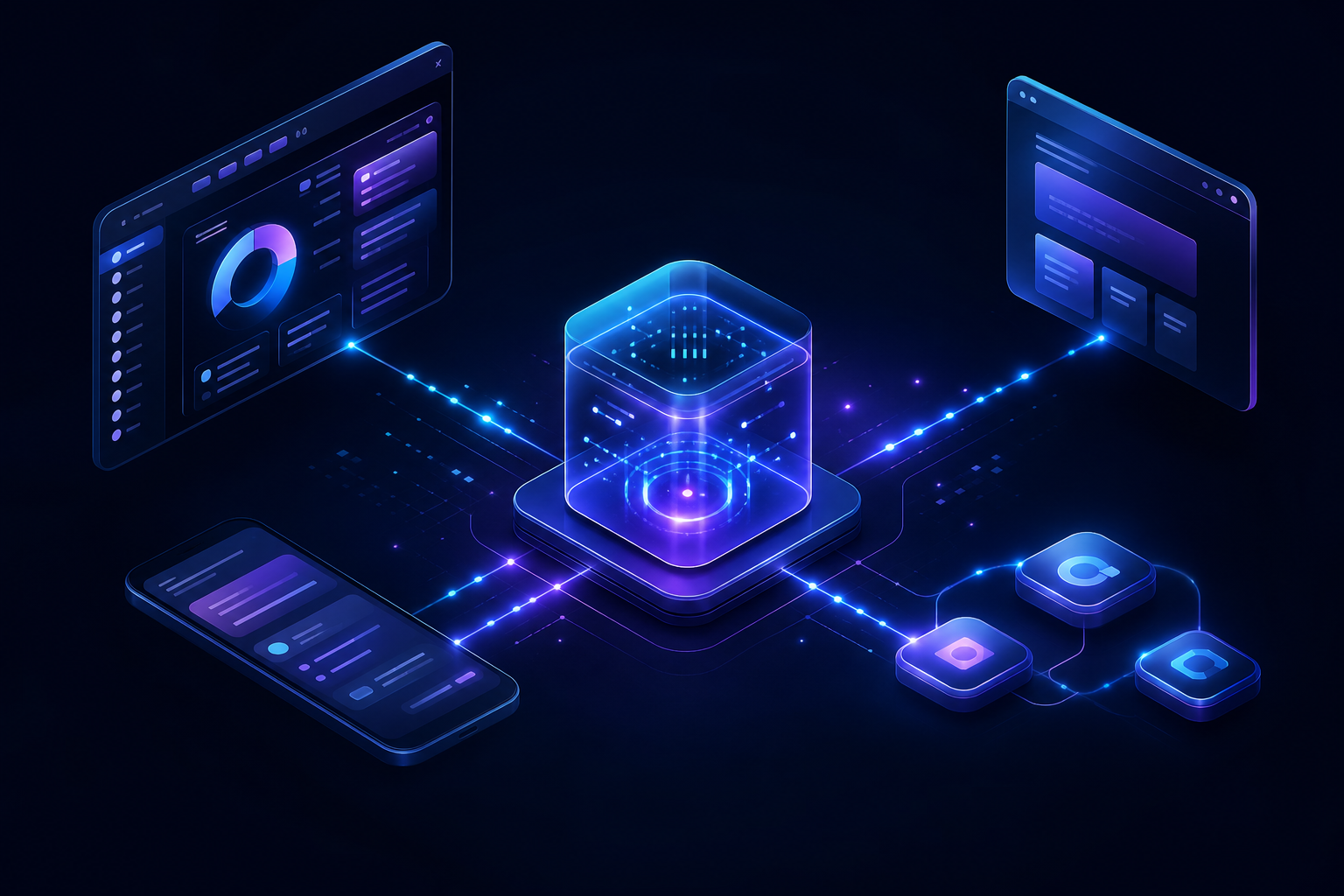 Ilustração de sistemas conectados por API trocando dados entre formulário, CRM, pagamento e automação