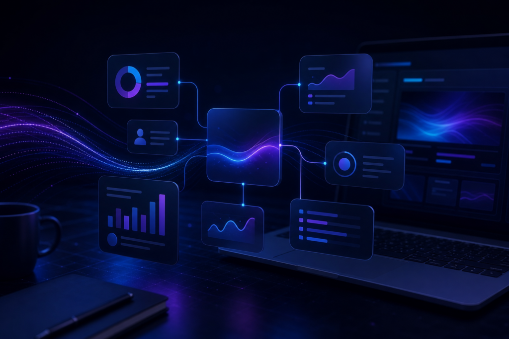 Ilustração com indicadores de CAC, CPL e ROAS conectando investimento em anúncios, leads, clientes e receita.