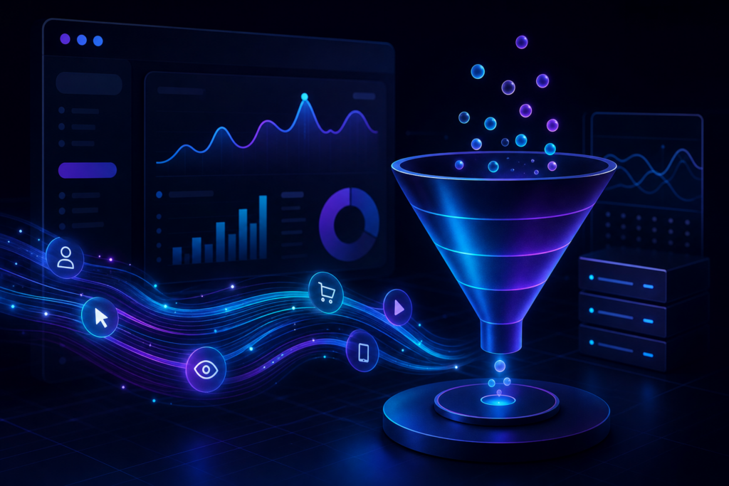 Tela de análise do Google Analytics 4 com eventos, conversões e etapas de funil de um site.