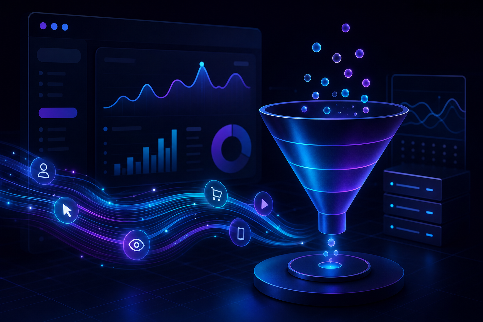 Tela de análise do Google Analytics 4 com eventos, conversões e etapas de funil de um site.
